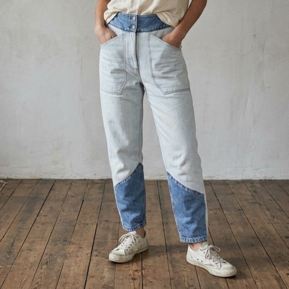 ba&sh Womens Jeans Small Light Blue Two Tone Colorblock High Rise Tapered Preppy